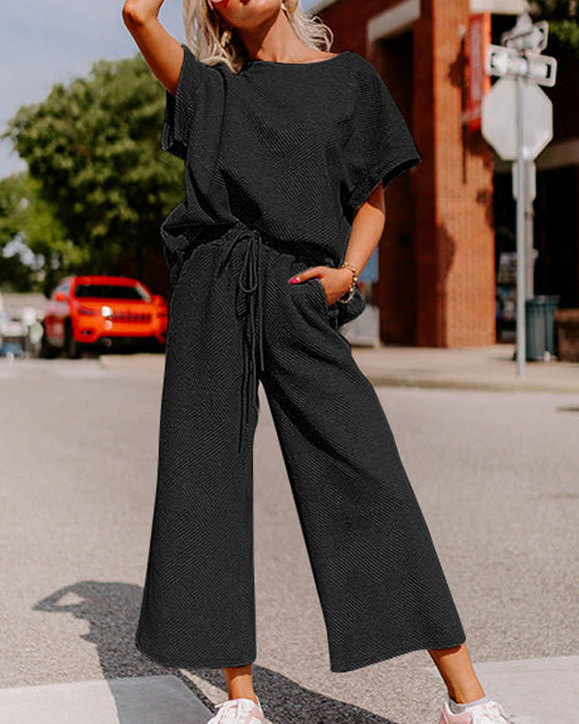 Black Textured Loose Fit T Shirt and Drawstring Pants Set