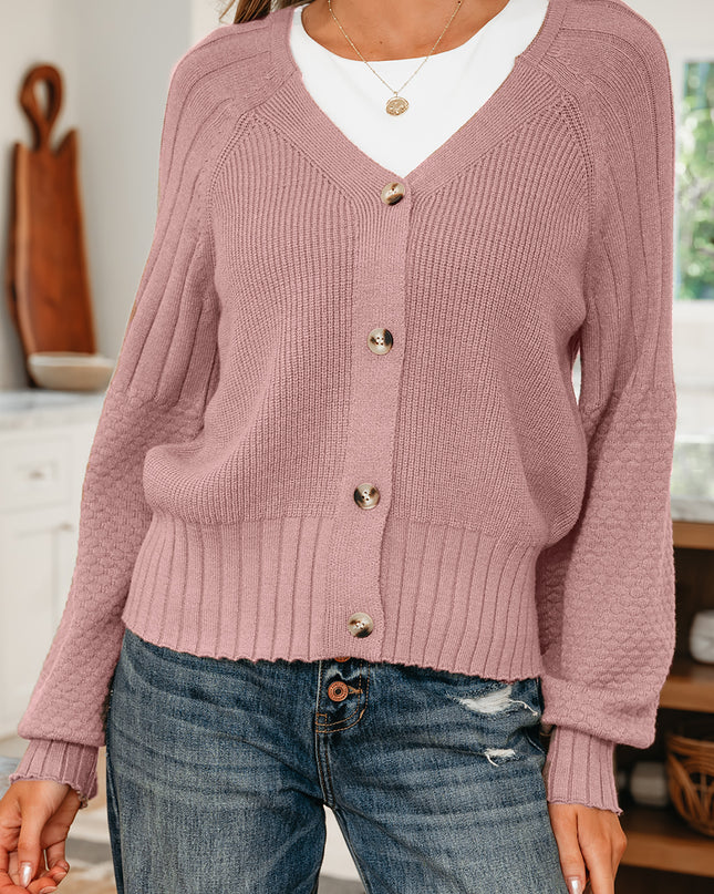 Goat Mixed Texture Knit Button V Neck Sweater Cardigan