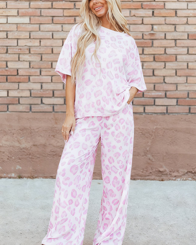 Pink Leopard Two Piece Top and Pants Set