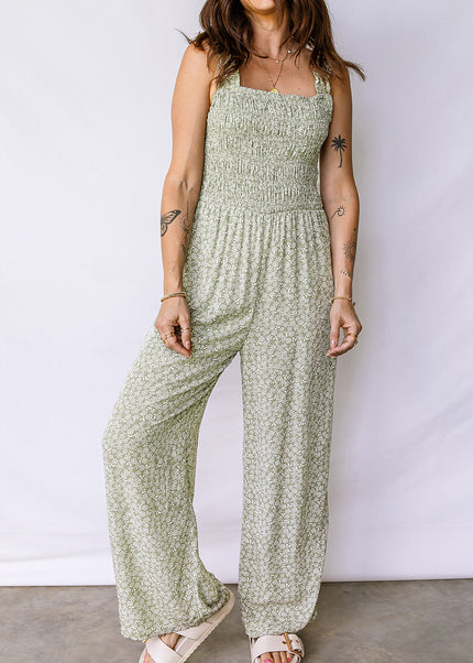 Green Smocked Bodice Square Neck Sleeveless Floral Jumpsuit