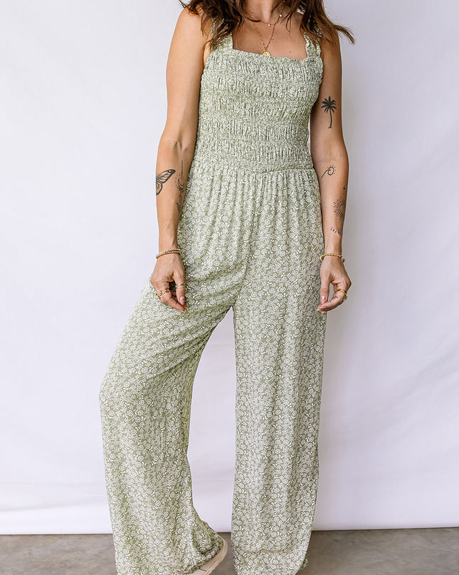 Green Smocked Bodice Square Neck Sleeveless Floral Jumpsuit