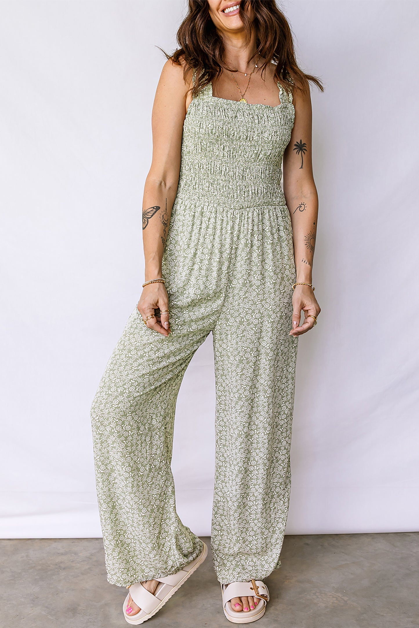 Green Smocked Bodice Square Neck Sleeveless Floral Jumpsuit
