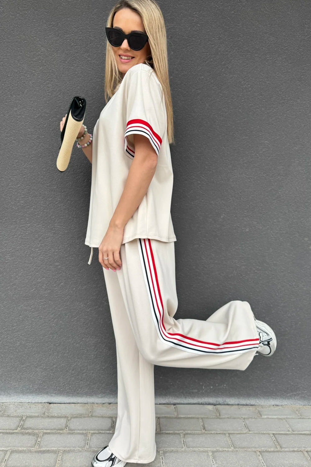 Jet Stream Contrast Striped Trim Crewneck T Shirt Loose Straight Pants Set