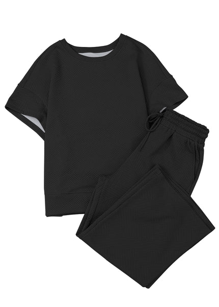 Black Textured Loose Fit T Shirt and Drawstring Pants Set