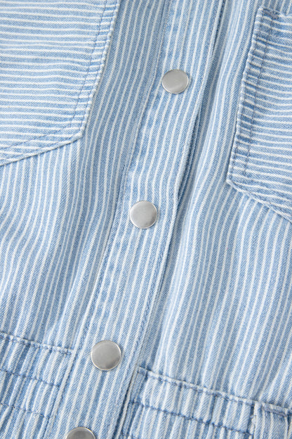 Sky Blue Stripe Collared Button Front Sleeveless Denim Mini Dress