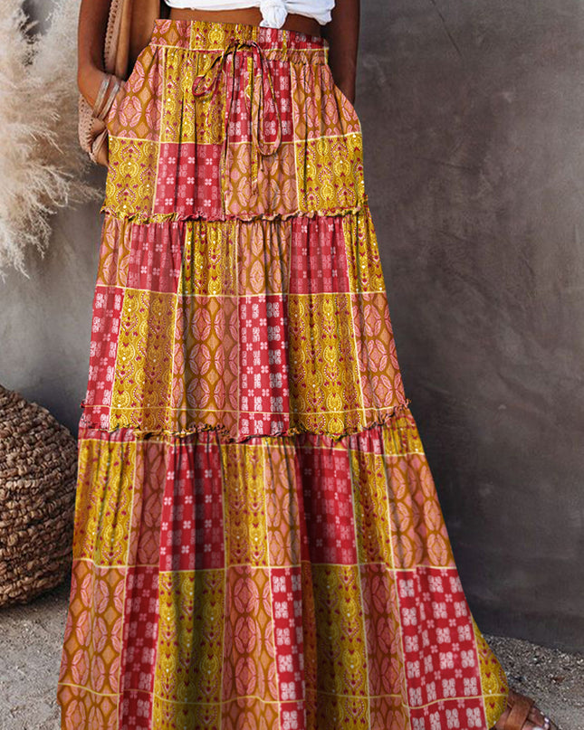 Purple Tiered Paisley Print Pocketed Maxi Skirt