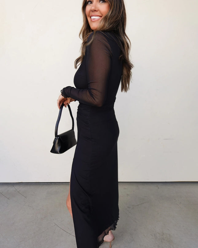 Black Sheer Mesh Long Sleeve Twisted Knot Side Slit Midi Dress