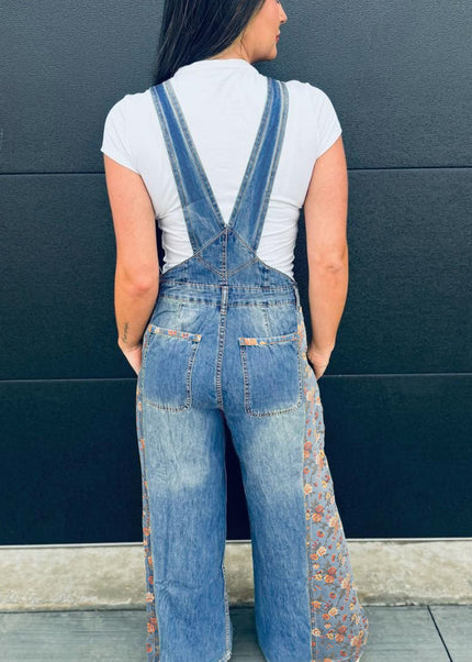 Peacock Blue Floral Patchwork Bib Denim Wide Leg Overalls