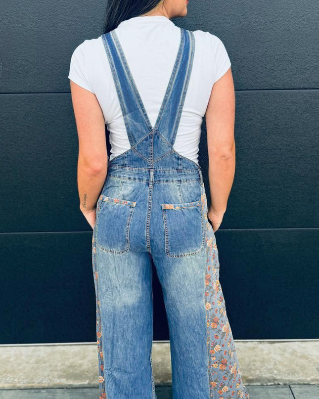 Peacock Blue Floral Patchwork Bib Denim Wide Leg Overalls
