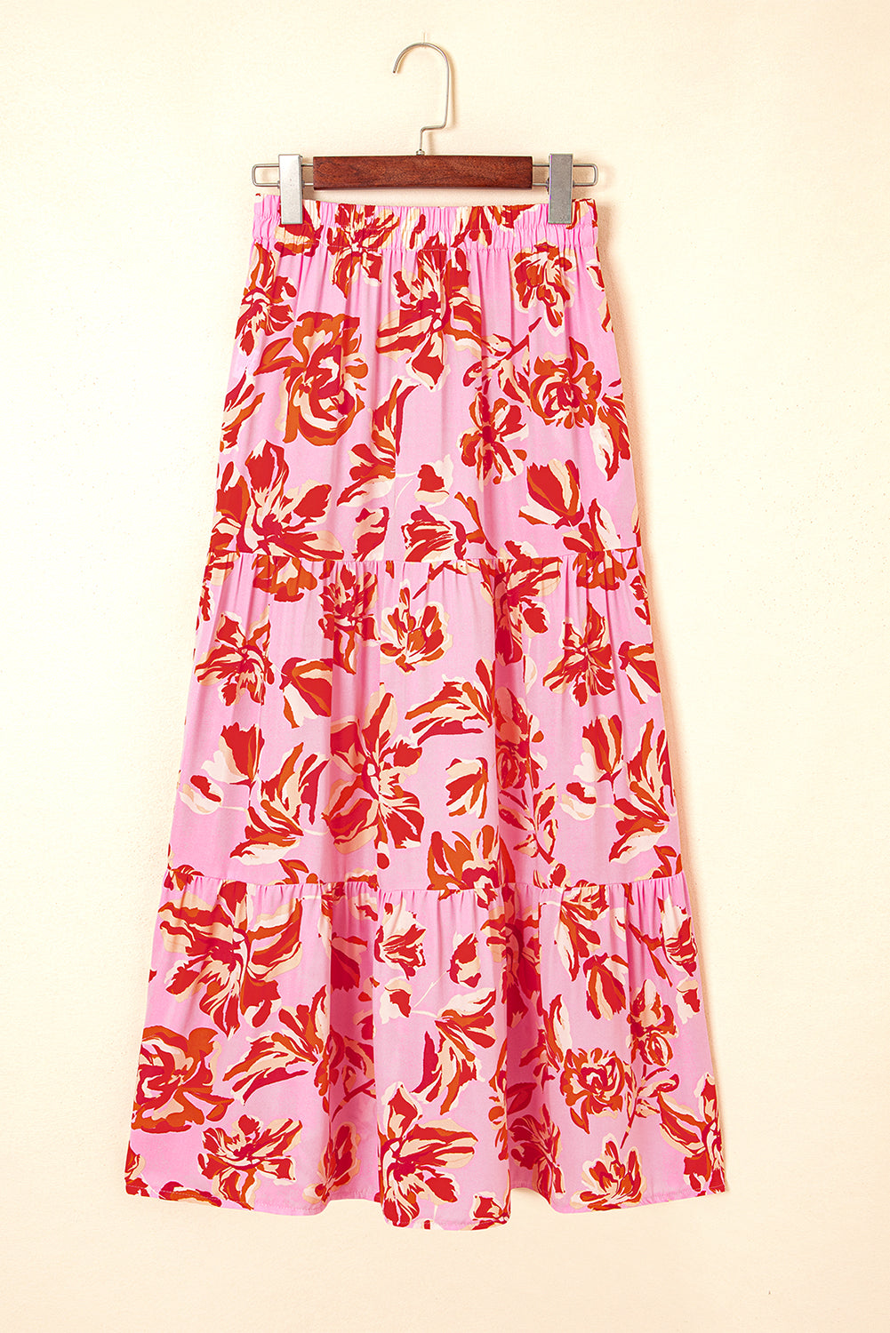 Pink Bohemian Floral Print Tiered Maxi Skirt with Split