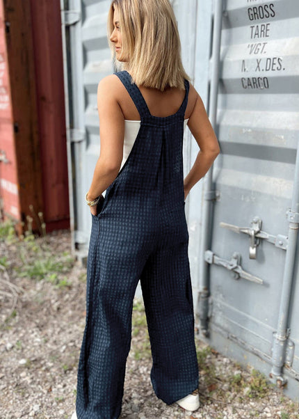 Sail Blue Plaid Print Buttoned Pocketed High Waist Overall