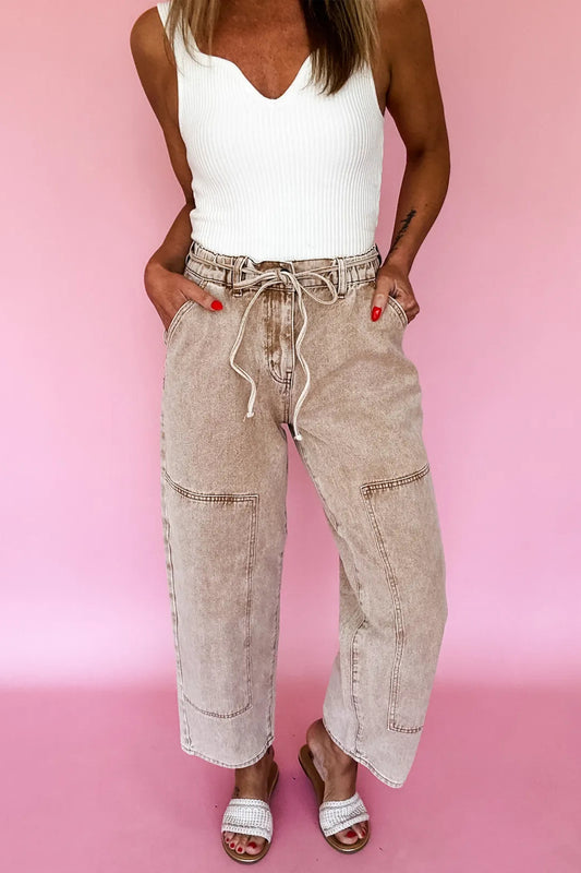 Smoke Gray Acid Wash Barrel Fit Denim Pants with Waist String