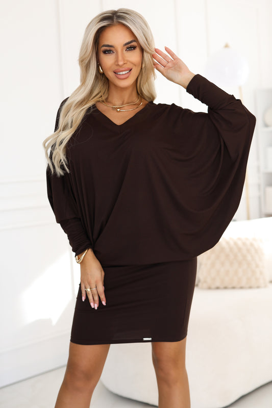 402-9 Comfortable batwing dress with long sleeves - chocolate