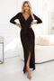 404-14 Elegant long dress with a wrap neckline and slit - chocolate brown