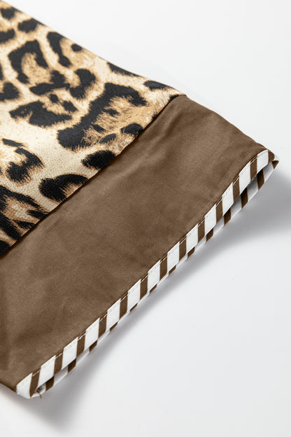 Brown Leopard Collared 3/4 Sleeve Shirt and Loose Pants Two Piece Outfit Set