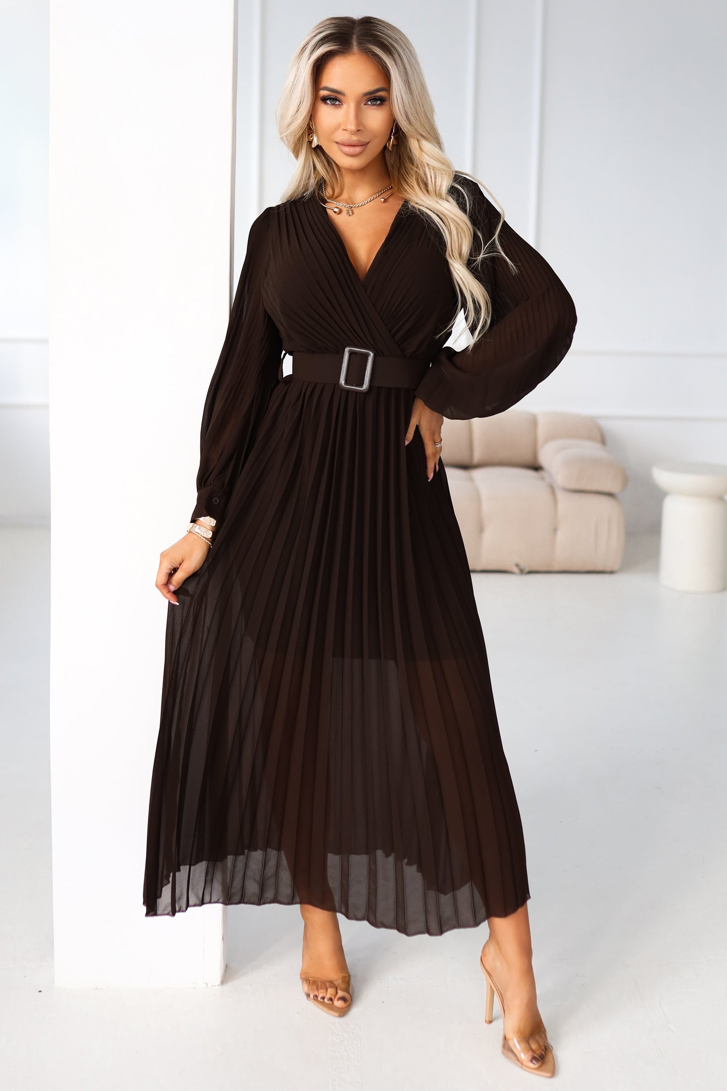 414-11 KLARA elegant pleated midi dress with a belt and neckline - chocolate