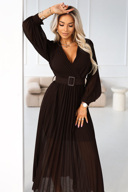 414-11 KLARA elegant pleated midi dress with a belt and neckline - chocolate