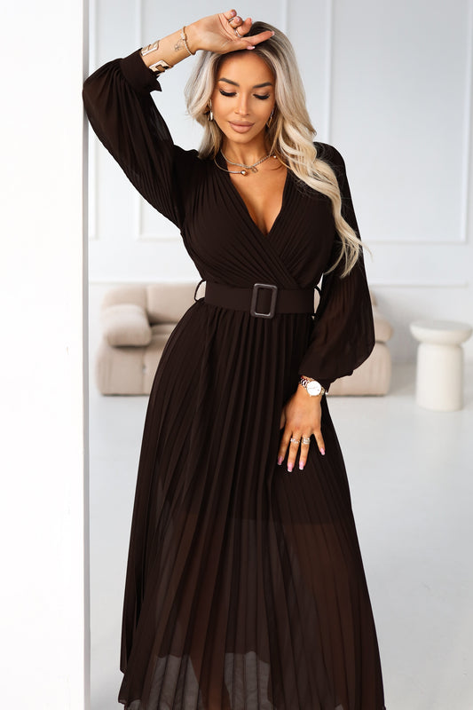 414-11 KLARA elegant pleated midi dress with a belt and neckline - chocolate