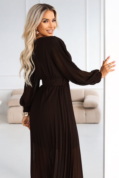 414-11 KLARA elegant pleated midi dress with a belt and neckline - chocolate