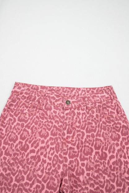 Rose Leopard Frayed Edge Wide Leg High Waist Jeans