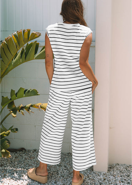 Rose Stripe Casual Wide Leg 2pcs Pants Set