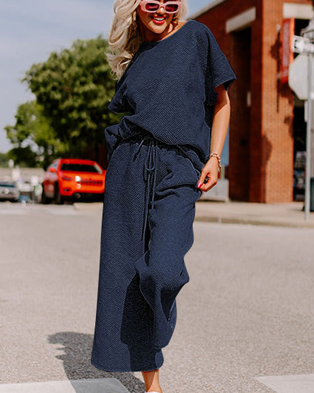 Black Textured Loose Fit T Shirt and Drawstring Pants Set