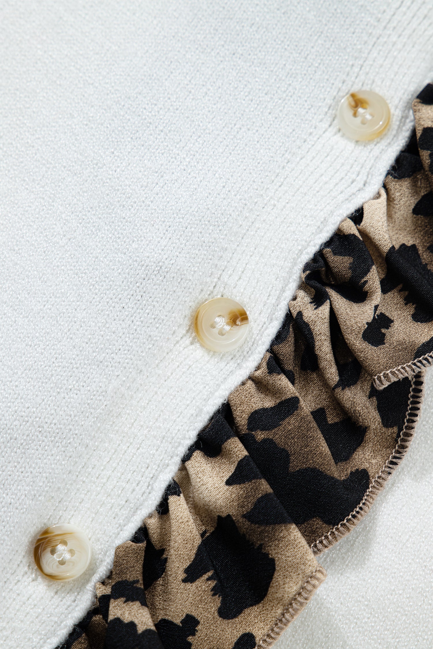 White Knitted Leopard Ruffle Patchwork Button Down Cropped Cardigan