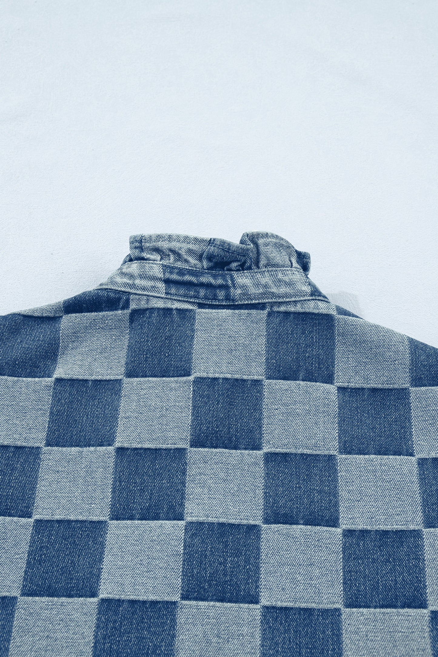 Beau Blue Checkered Ruffle Trim Button Down Denim Vest