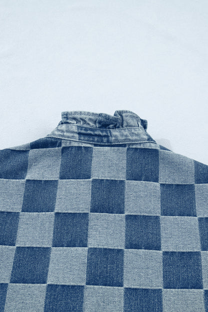 Beau Blue Checkered Ruffle Trim Button Down Denim Vest