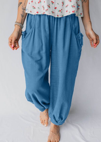 Prussian Blue Smocked Waist Casual Jogger Style Pants