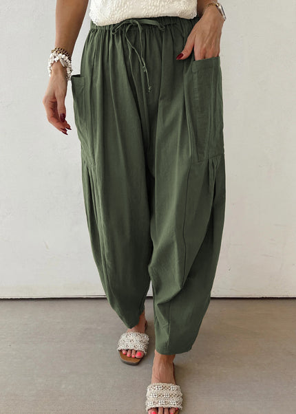 Black Drawstring Elastic Waist Patch Pocket Barrel Leg Casual Pants
