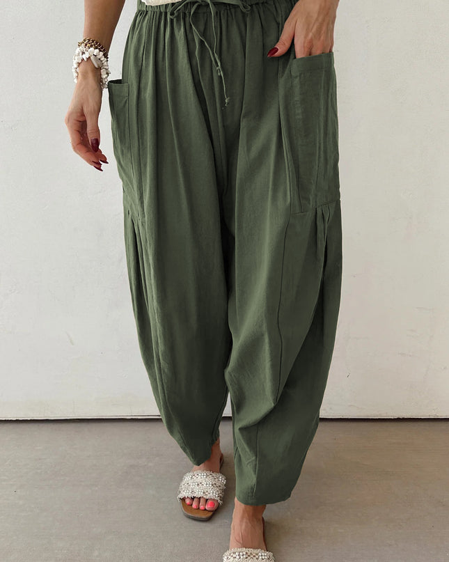 Black Drawstring Elastic Waist Patch Pocket Barrel Leg Casual Pants