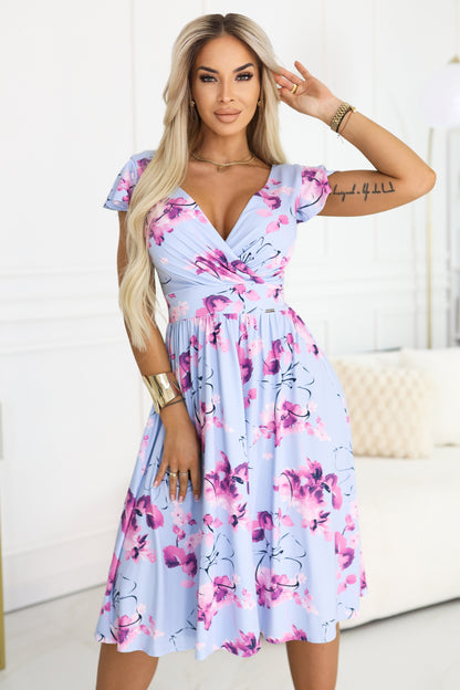 425-14 MATILDE Flared midi dress with wrap neckline and short sleeve - blue with pink flowers