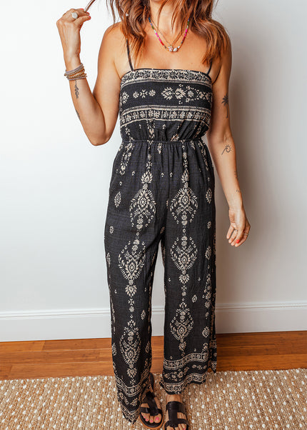 Black Spaghetti Straps Elastic Waist Loose Ethnic Print Jumpsuit