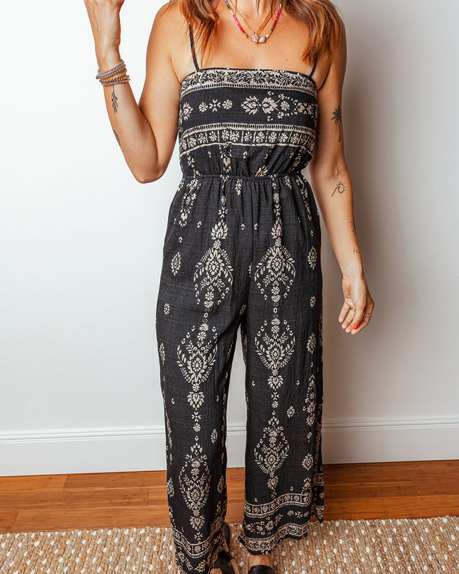Black Spaghetti Straps Elastic Waist Loose Ethnic Print Jumpsuit