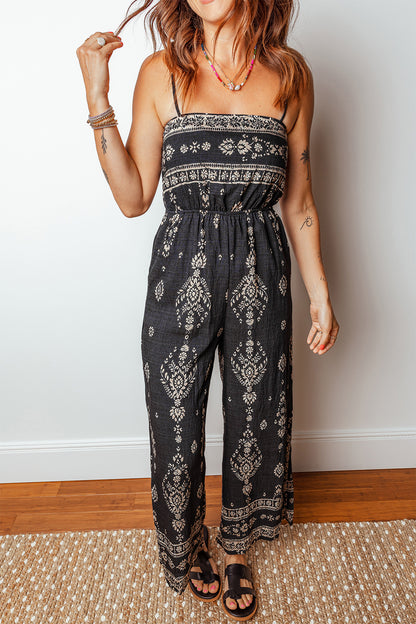 Black Spaghetti Straps Elastic Waist Loose Ethnic Print Jumpsuit