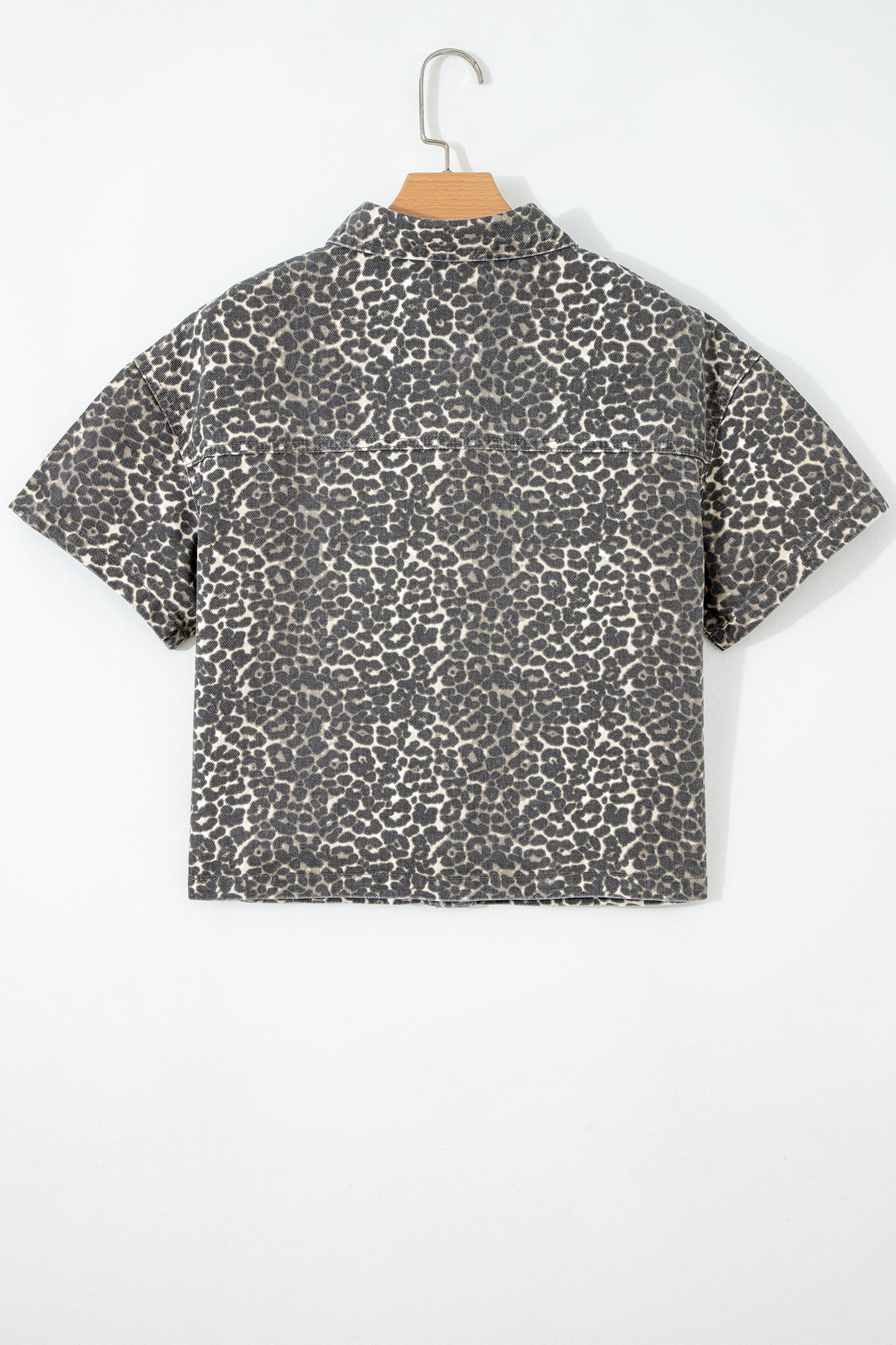 Gray Vintage Leopard Print Short Sleeve Loose Cotton Denim Shirt