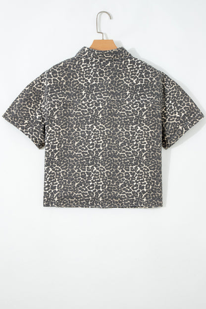 Gray Vintage Leopard Print Short Sleeve Loose Cotton Denim Shirt
