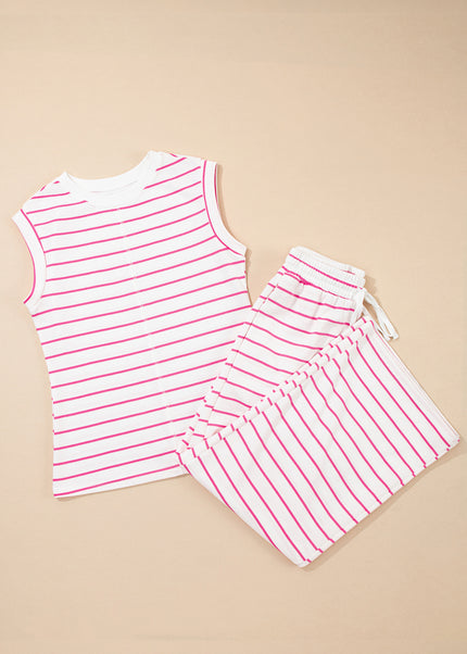 Rose Stripe Casual Wide Leg 2pcs Pants Set