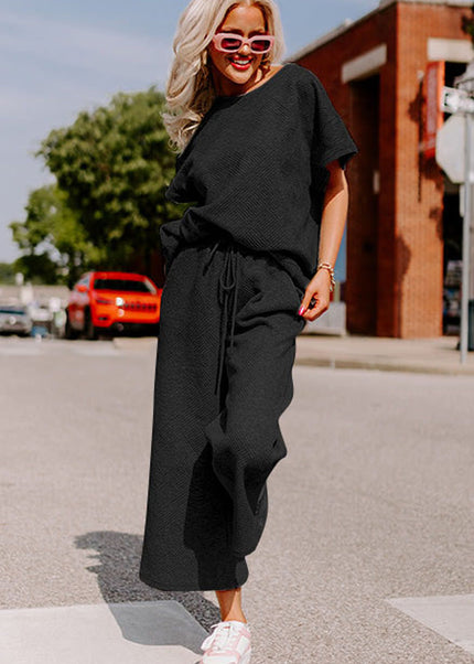 Black Textured Loose Fit T Shirt and Drawstring Pants Set