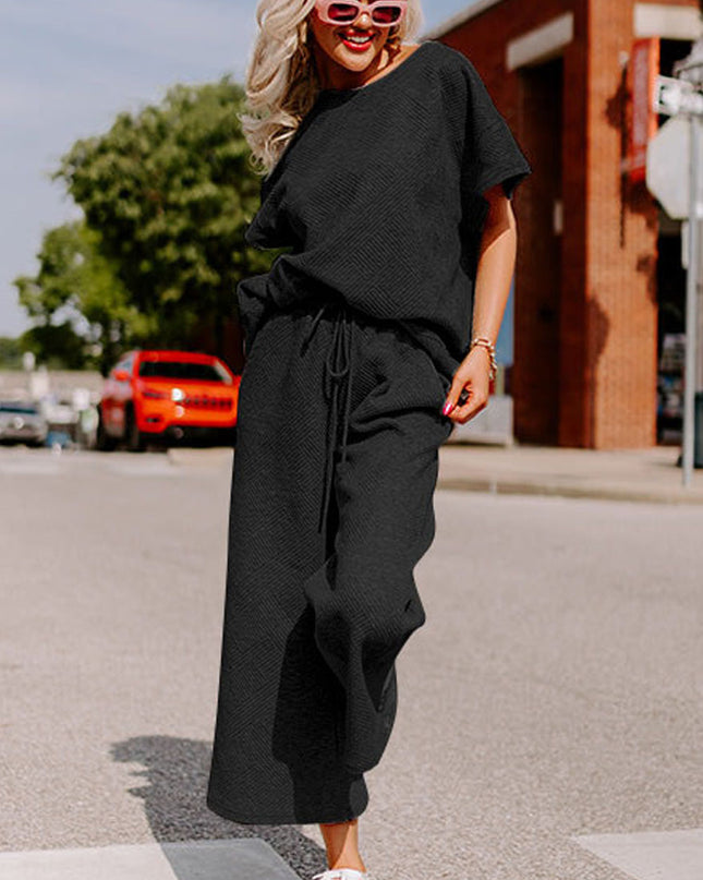 Black Textured Loose Fit T Shirt and Drawstring Pants Set