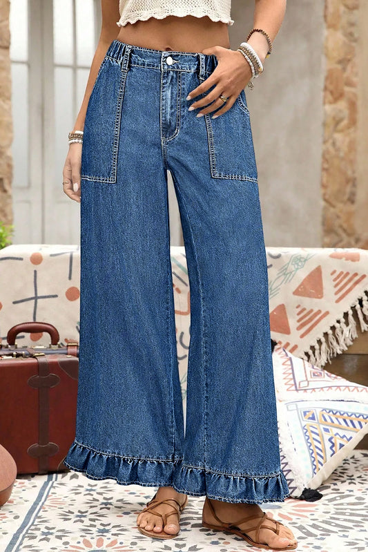 Sail Blue Plus Size Elastic Waist Ruffled Wide Leg Denim Pants