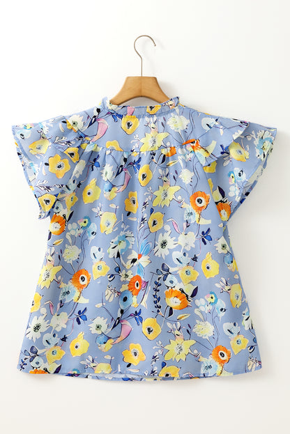 Sky Blue Flutter Sleeve V Neck Floral Top