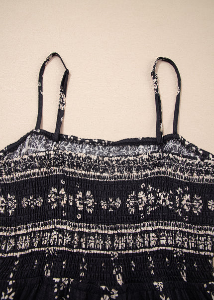 Black Spaghetti Straps Elastic Waist Loose Ethnic Print Jumpsuit