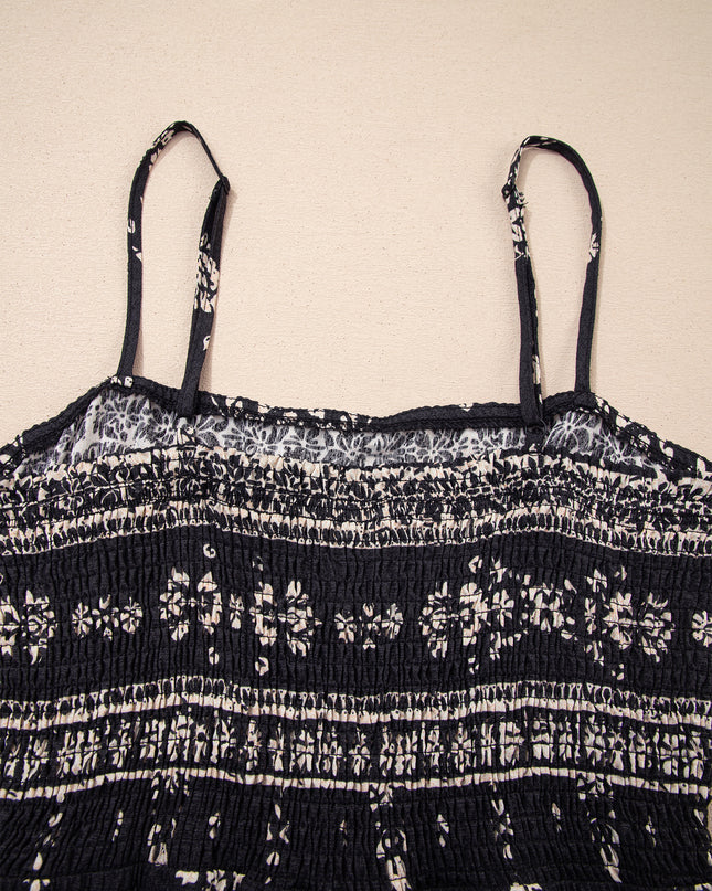 Black Spaghetti Straps Elastic Waist Loose Ethnic Print Jumpsuit