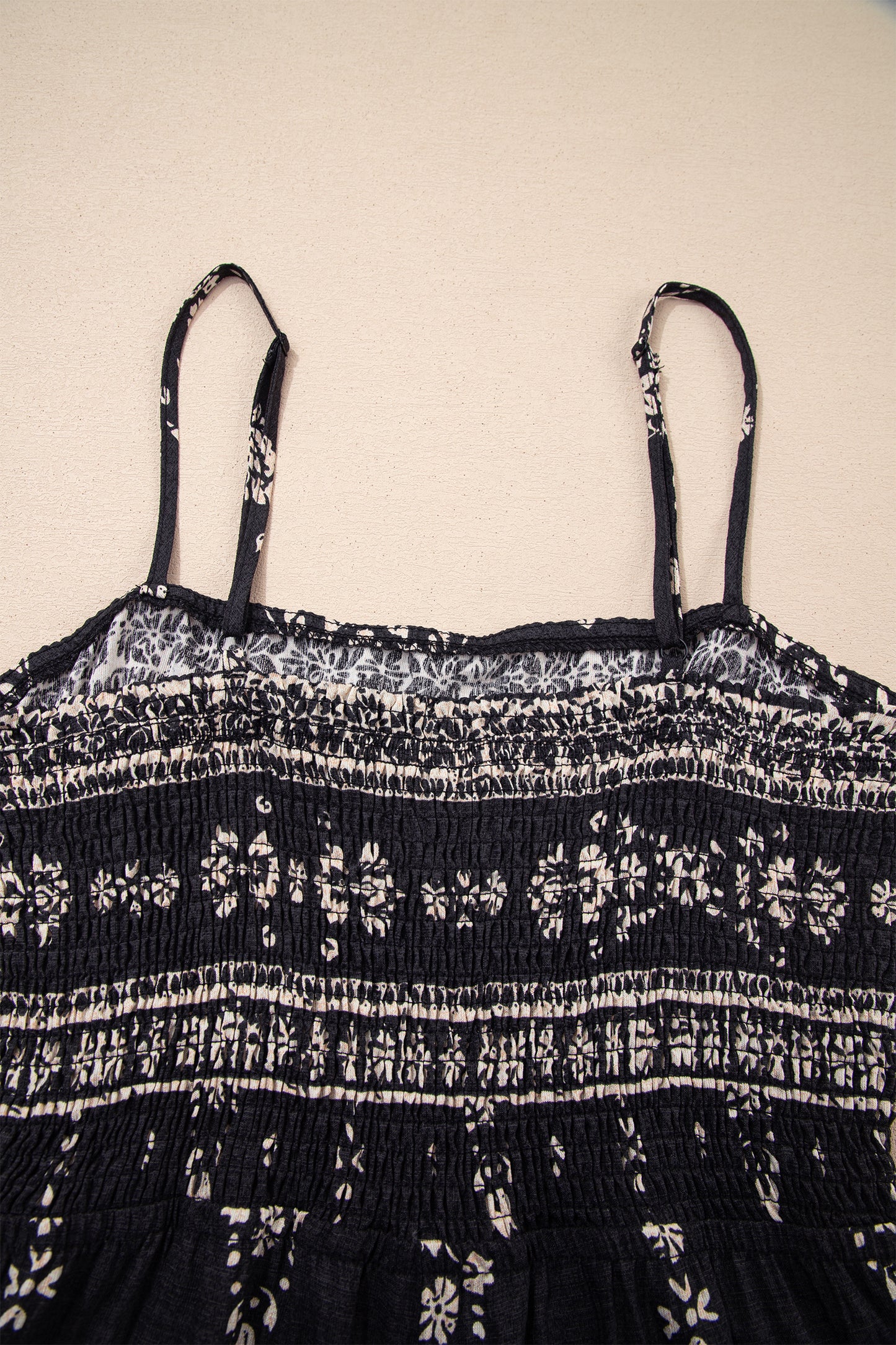 Black Spaghetti Straps Elastic Waist Loose Ethnic Print Jumpsuit