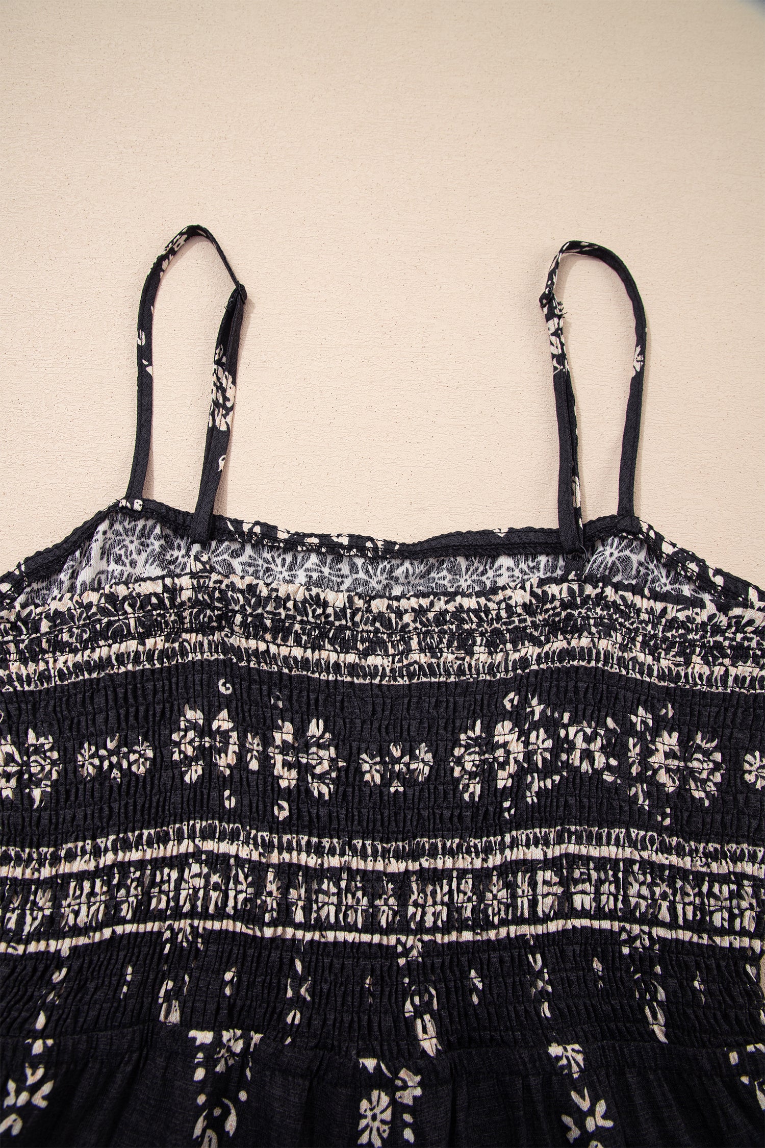 Black Spaghetti Straps Elastic Waist Loose Ethnic Print Jumpsuit