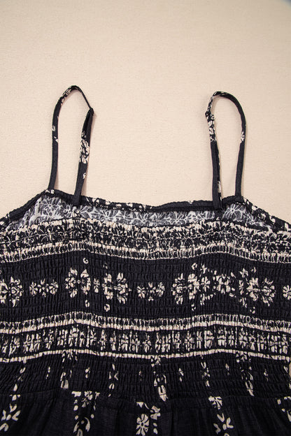 Black Spaghetti Straps Elastic Waist Loose Ethnic Print Jumpsuit
