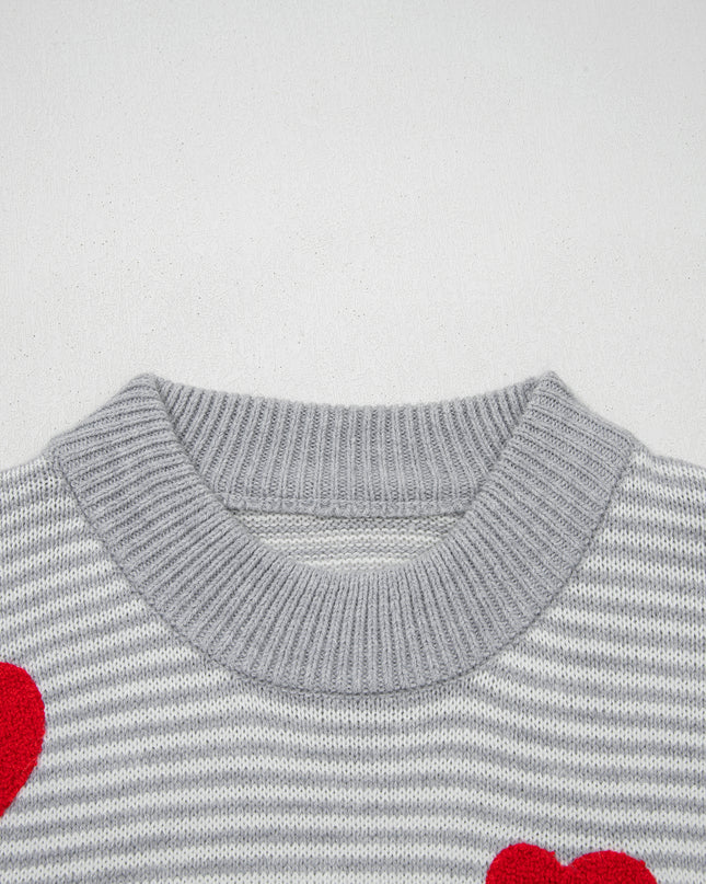 Gray Stripe Contrast Heart Pattern Valentine Knit Sweater