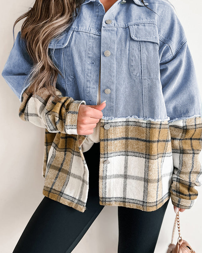 Khaki Plaid Patchwork Buttoned Oversized Denim Jacket